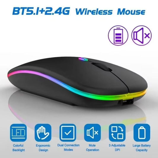 Souris sans fil rechargeable Bluetooth 5.1 + 2.4G ultra-mince silencieuse W10 HP/DELL