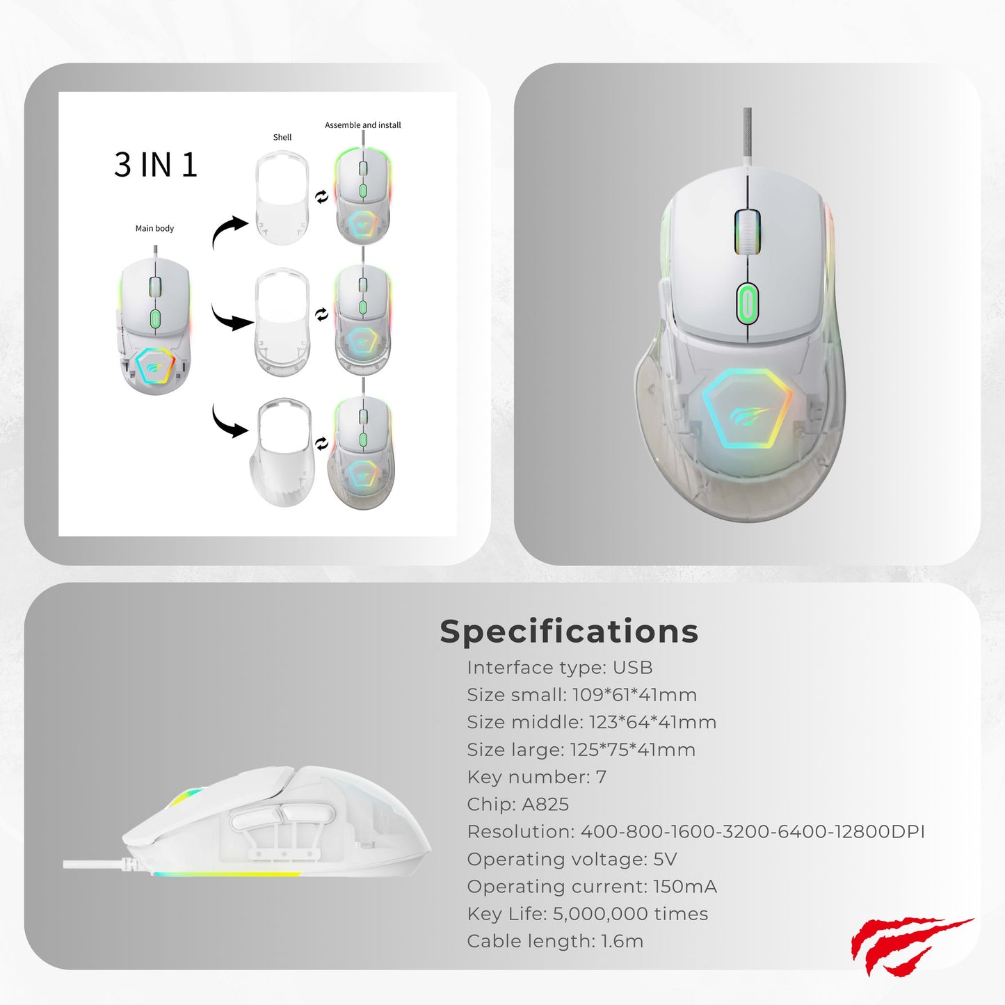 Souris de jeu programmable rétroéclairée RVB Havit MS965SE blanc