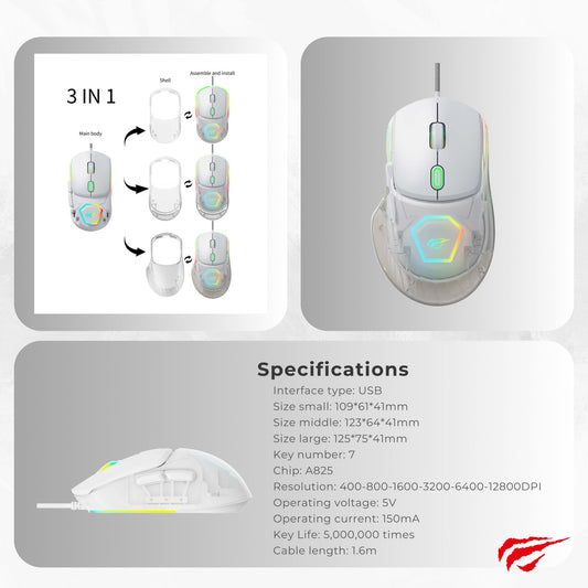 Souris de jeu programmable rétroéclairée RVB Havit MS965SE blanc