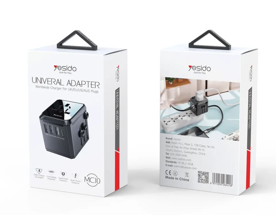 Adaptateur universel/chargeur mural 5en1 Yesido MC10 avec 3 ports de charge USB et Type-C