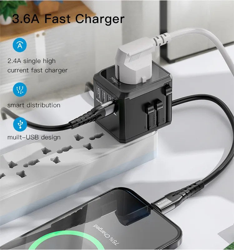 Adaptateur universel/chargeur mural 5en1 Yesido MC10 avec 3 ports de charge USB et Type-C