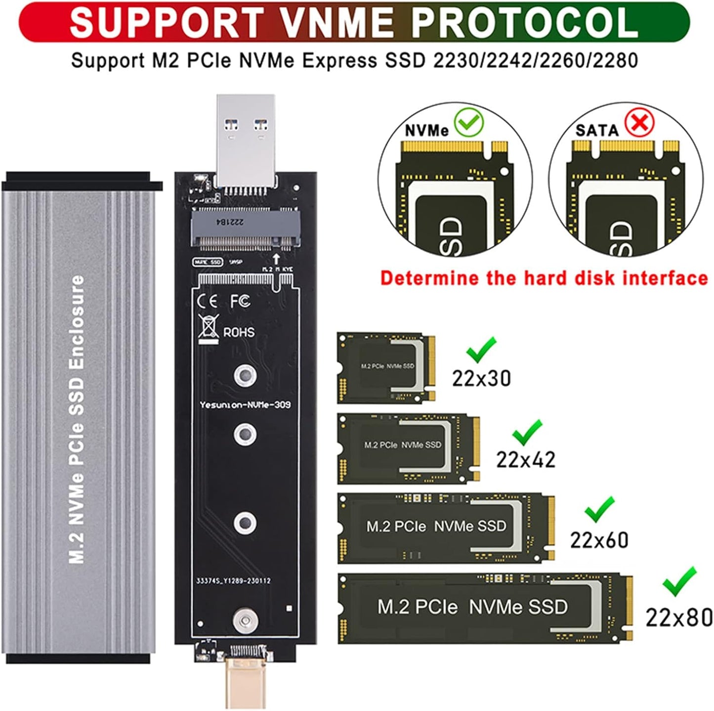 Boîtier SSD M2/NVME/NGFF vers USB3.1 Gen2/USBC en aluminium