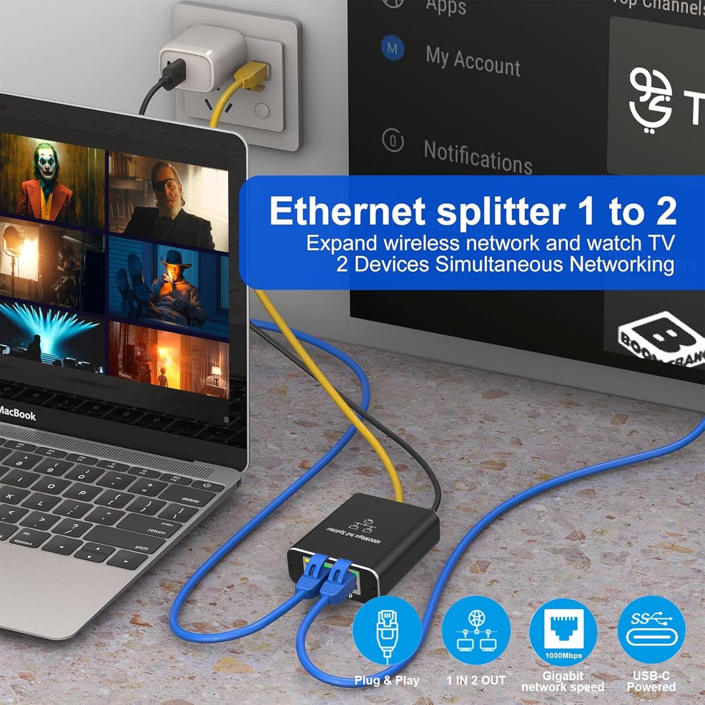 Splitter Ethernet RJ45 1 à 2 LAN 1000 Mbps, Gigabit pour Ordinateur, Commutateur, Routeur,...