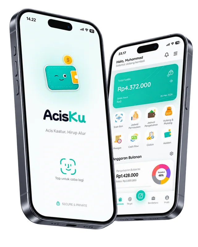 Mockup dua layar aplikasi Acis-Ku untuk pengelolaan keuangan pribadi